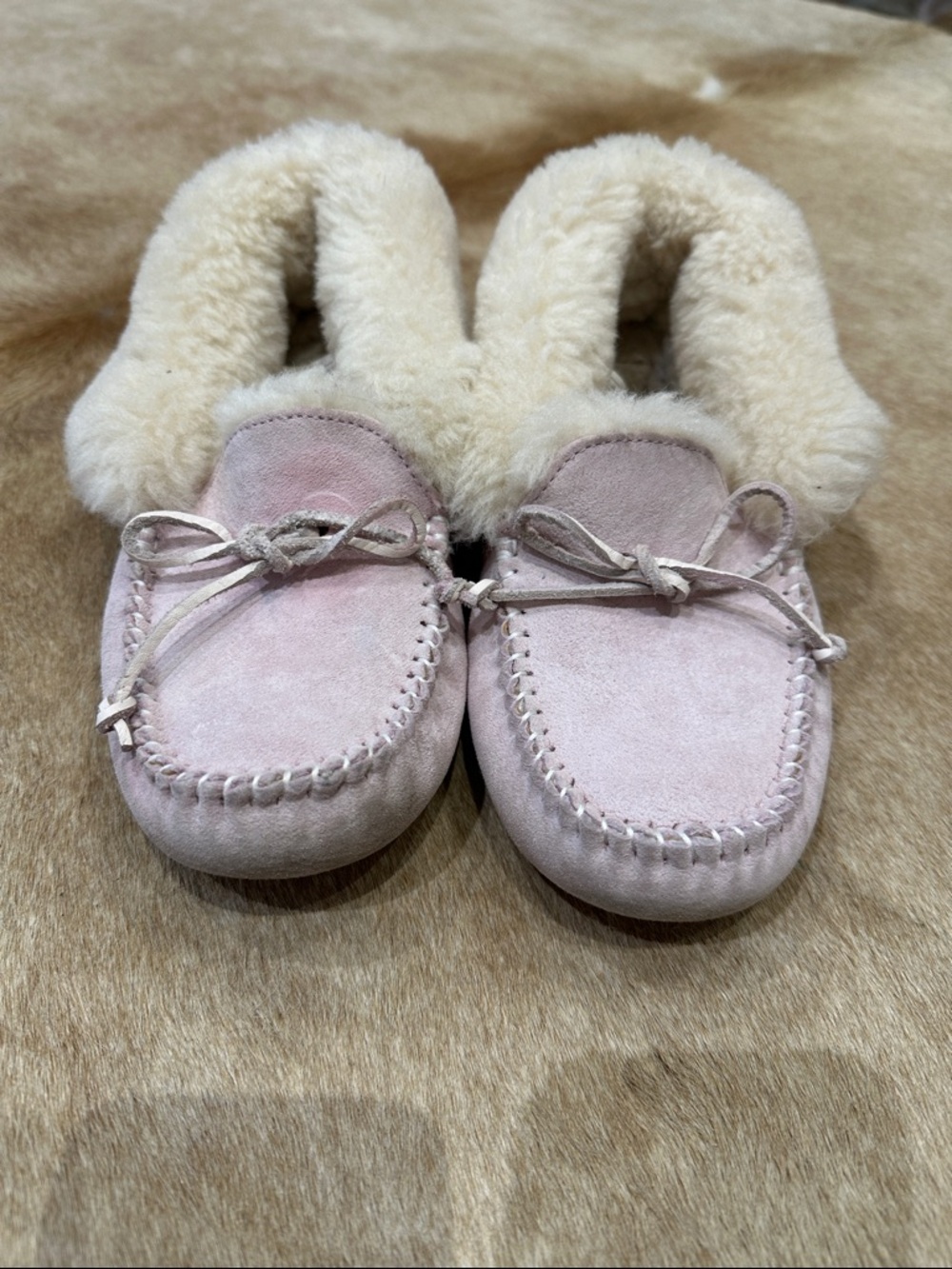 UGG Pink Suede Shearling-Lined Moccasin Slippers
